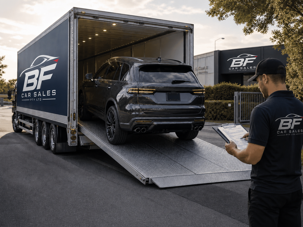 BF CAR SALES vehicle delivery truck unloading an SUV